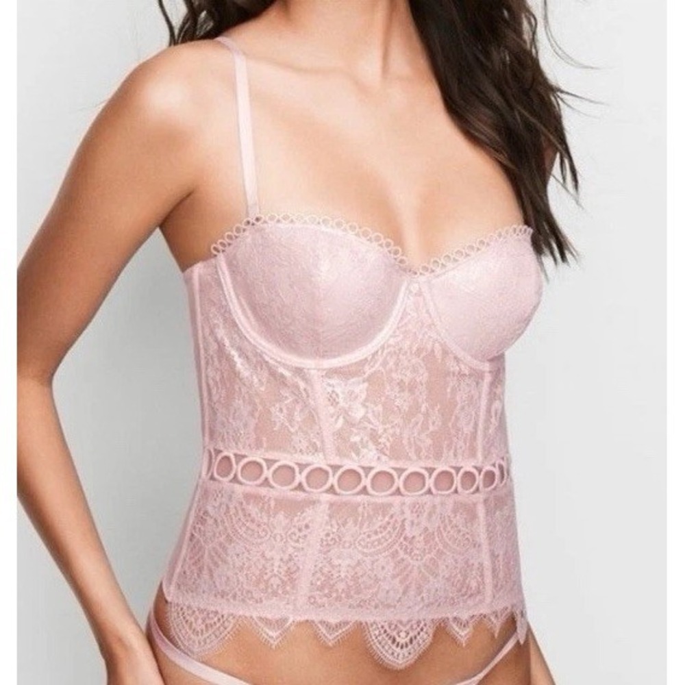 Victorias Secret Lingerie Bustier Corset Top Metallic L Lace Boned Soft Girl 32B